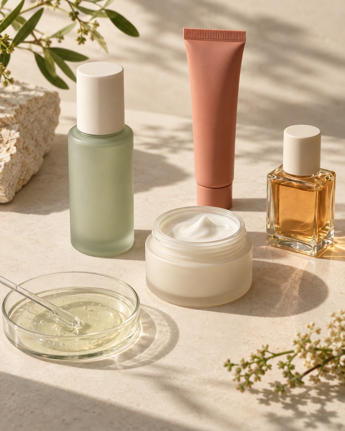Unbranded skincare, fragrance and cosmetic samples in soft sunlight